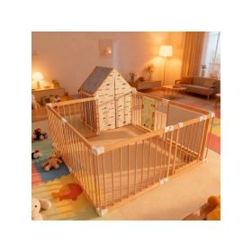 Natural Wood Baby Playpen 10 Panel Foldable Play Yard With Door Panel And Built-in Toys Easy To Assemble Foldable Assembled Into Various Shapes Includ