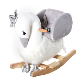 Kids Ride on Horse Swan Rocker with Sound, Plush Seat, Wooden Base, Safety Belt, for Toddlers 18-36 months, White