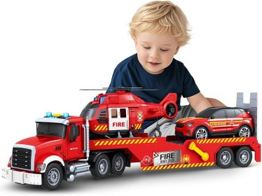 SpringFlower Extra Large Fire Truck Toys for Boys Girls with Racing Car and Helicopter, Lights, Sounds, Semi Truck Vehicle Toy for Toddlers 3 4 5 6 7