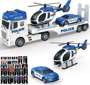 Police Truck Toy Large Semi Truck with Racing Car and Helicopter, Kids Police Car Toys with Light & Sound