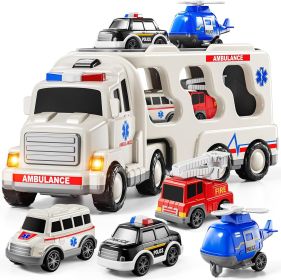5-in 1 Play Ambulance Toy Vehicle Toddler Truck Toys for 3 4 5 6 7 Year Old Boys - Friction Powered Cars with Light and Sound, Police Car, Fire Truck