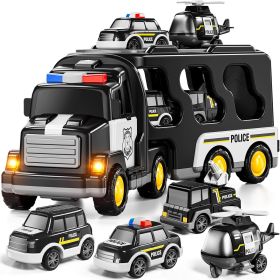 Police Truck Toy for 3 4 5 6 Years Old Boys - Carrier Vehicle Toy Set with 3 Small Cars and 1 Helicopter, Kids Firction Powered Car for Age 3-9