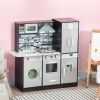 Wooden Play Kitchen with Lights Sounds, Kids Kitchen Playset with Washing Machine, Water Dispenser, Microwave, Range Hood, Refrigerator, Utensils
