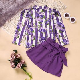 Toddler Girl Purple Rose Print Girls Outfit, Spring Fall Stripe Top With Belt Skirts Set Holiday Going Out Clothes (Option: Purple-7Y)