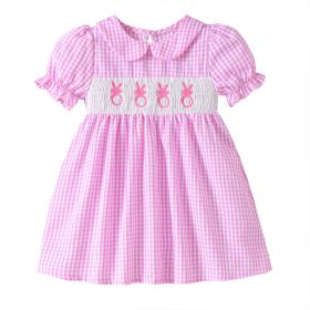 Toddler Girl's Lapel Bubble Sleeve Dress, Checkered Pattern & Bunny Embroidery A-Line Summer Dress (Option: Pink-12to18 Month)