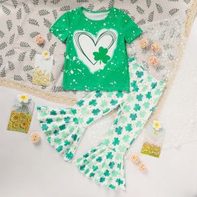Girl's Clover Print 2-Piece Set, Short Sleeve T-Shirt And Flare Leg Pants For Spring And Summer (Option: Green-5 Year)