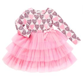 Toddler Girls Outfits Long Sleeve Graphic Heart Print Mesh Tulle Dress Valentine Birthday Party Dresses (Option: Pink-18to24 Months)