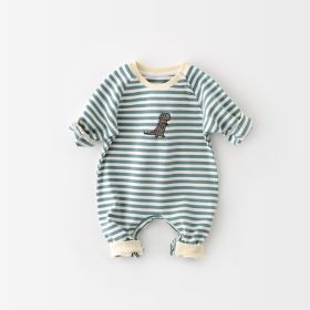 Male And Female Baby Cartoon Striped Dinosaur Embroidery Long-Sleeved Jumpsuit (Option: Green-66cm)