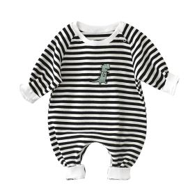 Male And Female Baby Cartoon Striped Dinosaur Embroidery Long-Sleeved Jumpsuit (Option: Black-90cm)