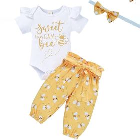 Infant Baby Girl Sweet Bee Outfits Letter Print Romper Honey Bees Pants Bowknot Headband Clothes Set (Option: Yellow-9to12Months)