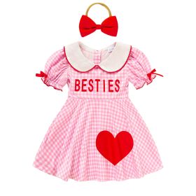 Sweet Baby Toddler Girl's Short Sleeve Letter Heart Print Doll Collar Dress With Matching Headband (Option: Pink-12to18 Months)