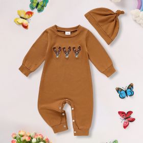 Newborn Baby Boy Outfits Long Sleeve Animal Print Romper & Hat 2Pcs Fall Winter Clothes Set (Option: Brown-6to9Months)