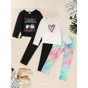Kid's 'Grandma And Granddaughter' Letter & Heart Print Long Sleeve Top & Pants Set, 2 Sets Comfy Loungewear Outfit (Option: Black White-7Y)