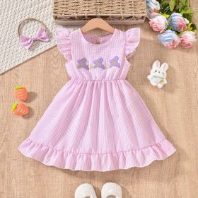 Toddler Girl's Bunny Embroidered Dress, Round Neck Short Sleeve A-Line Dress With Back Button Closure (Option: Pink-12to18 Month)