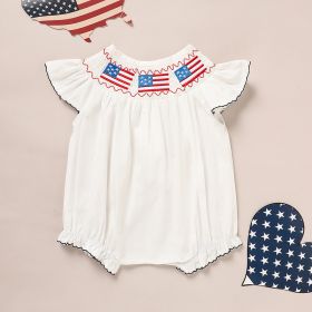 Baby Girl 4th Of July Bubble Romper, Smocked Fly Sleeve Bodysuit With American Flag Embroidery (Option: White-12to18 Months)