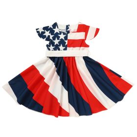 Toddler Girls' Independence Day Dress Red White & Blue Stripes And Stars Short Sleeve Twirl Dress 4th Of July (Option: 4Y)