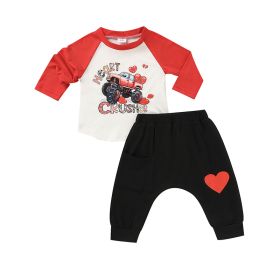 2pcs Baby Boy's 'Heart Crusher' Print Valentine's Day Set, Long Sleeve T Shirt Top & Black Heart Print Pants (Option: Red-9to12 Months)