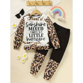 Toddler Girls Fall Winter Outfits Leopard Letter Print Crewneck Long Sleeve Sweatshirt Top & Sweatpant 2 Piece Clothing Set (Option: Brown-7Y)