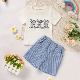 Toddler Casual 2-Piece Set, Bunny & Carrot Embroidered Short Sleeve T-Shirt With Striped Pocket Shorts (Option: Blue-5 Year)