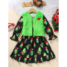 Toddler Kids Baby Girl Christmas Dress Outifts, Long Sleeves Cartoon Prints Party Dress With Heart Print Vest Coat Xmas Clothes Set (Option: Black-6Y6)