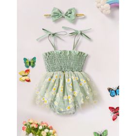 Newborn Infant Baby Girl Summer Outfits Romper Dress Floral Jumpsuit With Bow Headband Set (Option: Green-3to6 Months)