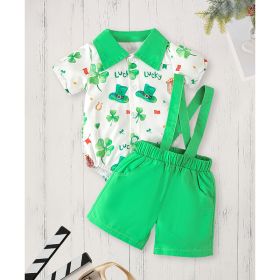 Newborn Baby Boy St. Patrick's Day Clothes Short Sleeve Clover Print Romper & Suspenders Pant 2Pcs Casual Clothes Set (Option: Green-18to24 Months)