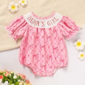 Baby Girl's Bowknot Graphic Print Romper, Daddy's Girl Letter Print Triangle Jumpsuit With Bubble Sleeves (Option: DADDYS GIRL-12to18 Months)