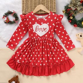 Toddler Girl's Cute 'LOVE' Embroidered Dress, Heart Print Long Sleeve A-Line Dress With Ruffle Hem (Option: Red-5 Year)