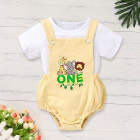 Infant Baby Boy Gentleman Outfit Summer Short Sleeve Crew Neck T Shirt First Birthday Suspender Romper Jumpsuit Set (Option: Khaki-12to18Months)