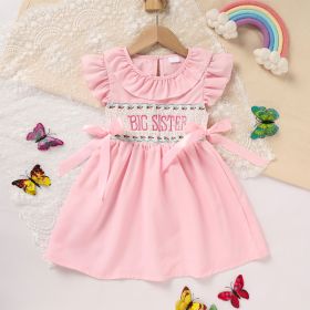 Toddler Girl's Pink Ruffle Sleeve Dress Letter Embroidery & Bow Detail With Back Button Closure (Option: Pink-6Year)