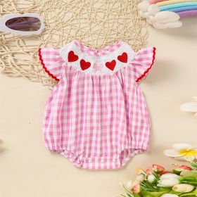 Baby Girl's Short Sleeve Checkered Romper Heart Embroidery & Ruffle Detail With Back Cut-Out And Snap Closure (Option: Pink-0to3 Month)