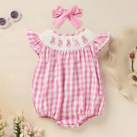Baby Girl's Cute Bunny Romper Set, Cap Sleeve Bunny Embroidery Outfit With Headband - Pink Checkered Playsuit (Option: Pink-9to12 Month)