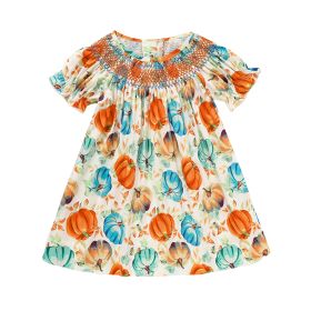 Toddler Baby Girl Pumpkin Smocked Dress Fall Thanksgiving Halloween Embroidered Princess Party Dresses Kids Fall Outfits Clothes (Option: Orange-12to18 Months)