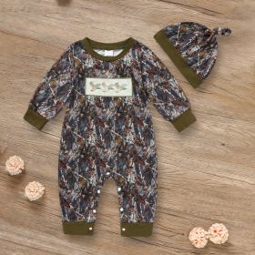 Newborn Baby Boy Outfits Long Sleeve Animal Print Romper & Hat 2Pcs Fall Winter Clothes Set (Option: Military Green-9to12Months)