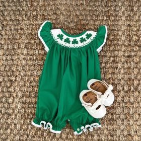 Baby Short Sleeve Romper With Clover Embroidery, Ruffle Trim Playsuit For Summer Vacation (Option: Green-3to6 Month)
