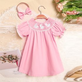 Toddler Girl's Bunny Dress Bow Headband Ruffle Sleeve Smocked Dress With Rabbit Embroidery For Summer (Option: Pink-18to24 Month)