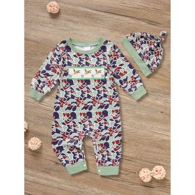Newborn Baby Boy Outfits Long Sleeve Animal Print Romper & Hat 2Pcs Fall Winter Clothes Set (Option: Green-9to12Months)