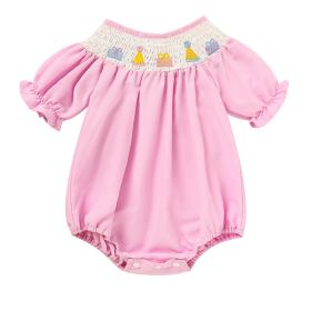Infant Girls' Cute Birthday Smocked Bubble Romper Short Sleeves Crew Neck Cartoon Embroidery Princess Party Romper Bodysuit (Option: Pink-12to18 Months)
