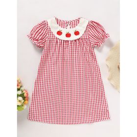Toddler Kids Girls Back To School Dress Smocked Collar Puff Sleeve Plaid Embroidered Print Dress (Option: Red-5Y)