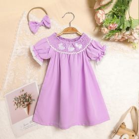Toddler Girl's Bunny Dress Bow Headband Ruffle Sleeve Smocked Dress With Rabbit Embroidery For Summer (Option: Purple-12to18 Month)