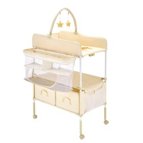 Baby Changing Table, Foldable Diaper Change Station with 2 Fabric Drawers, Side Basket & Hanging Rod (Shape: H Shape, Color: Beige)