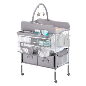 Baby Changing Table, Foldable Diaper Change Station with 2 Fabric Drawers, Side Basket & Hanging Rod (Shape: H Shape, Color: Light Gray)
