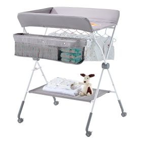 Baby Changing Table, Foldable Diaper Change Station with Side Basket, Adjustable Height Portable Changing Table with Lockable Wheels (Shape: X Shape, Color: Light Gray)