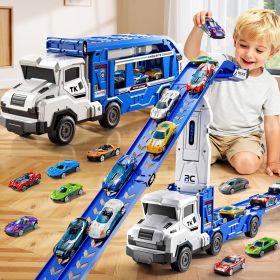 Toddler Car Truck Toys for 3 4 5 6 7 8 Years Old Boys, Transporter Truck Toy Track Set with 12 Die-Cast Car Toys (Color: Blue)