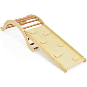 3-in-1 Wooden Climber Ladder Structure with Rock Climbing Ramp and Padding (Color: NATURAL)