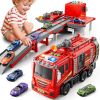 Fire Trucks Toys for Toddlers Ages 3-5, Folded Carrier Truck Race Track with with Lights & Sounds and 6 Racing Car Toys
