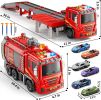 Fire Trucks Toys for Toddlers Ages 3-5, Folded Carrier Truck Race Track with with Lights & Sounds and 6 Racing Car Toys