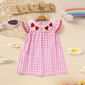 Toddler Girl's Short Sleeve Checkered Dress, Heart Embroidery & Ruffle Detail With Back Button Closure (Option: Pink-12to18 Month)