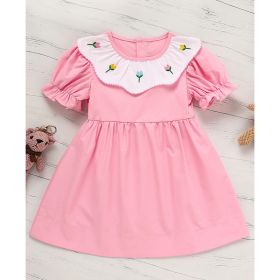 Toddler Baby Girl Spring Tulip Smocked Short Sleeve Dress With Lovely Tulip Embroidery Princess Dresses (Option: Pink-6Years)