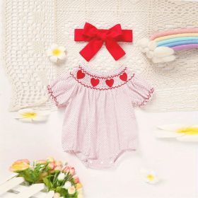 Baby Girl's Short Sleeve Pink Romper, Polka Dot Pattern With Heart Embroidery And Ruffle Detail (Option: Pink-12to18 Month)